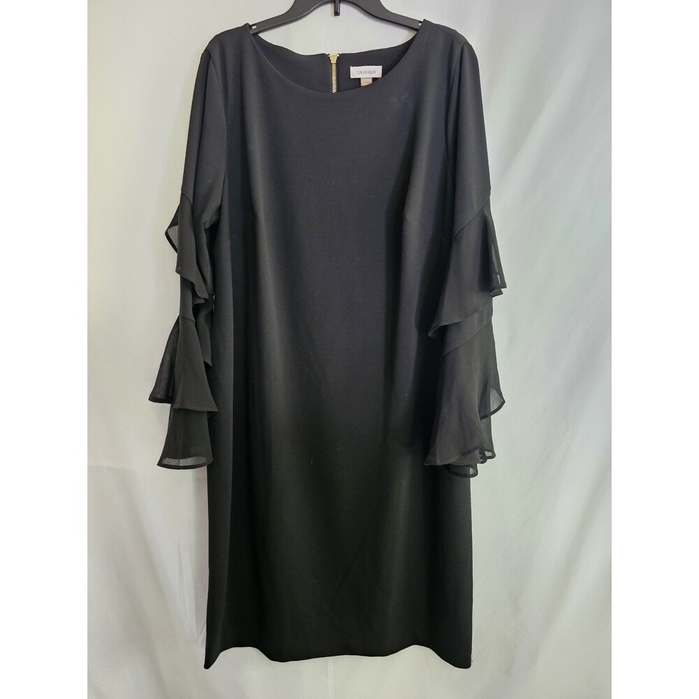 Calvin Klein Black Shift Dress 20W Tiered Bell Sleeve Back Zip Plus Size Career